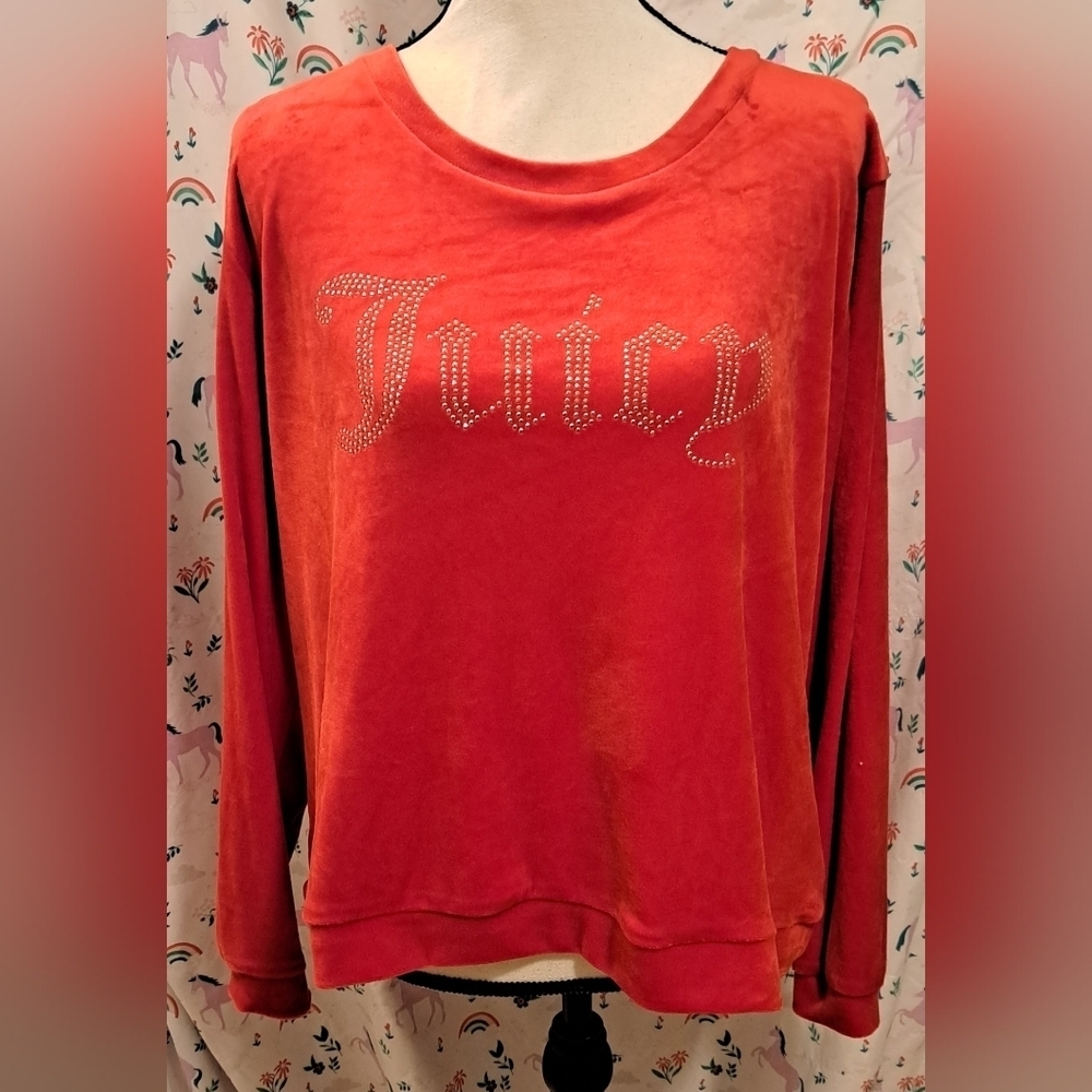 EUC Y2K Juicy Couture Red Velour Bling Preppy Casual Bling Sweater Top SZ XL
